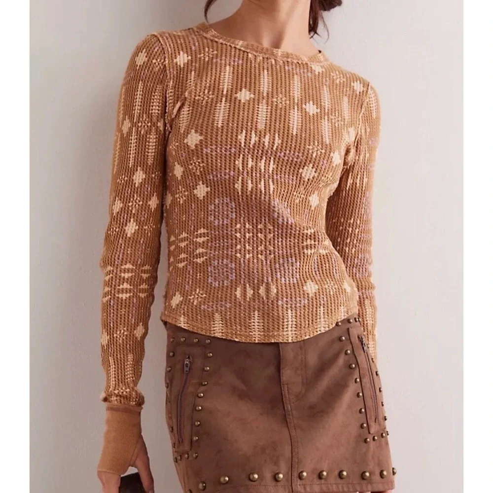 NWT Free People We The Free Pretty Little Thermal Top Latte Brown Print XL Boho